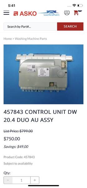 457843 Asko Control Unit Dw 20.4 Duo Au Assy New Oem Open Box