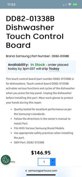 Dd81-02058ax01 Azparts Dd97-00609d Samsung Dishwasher Control Panel