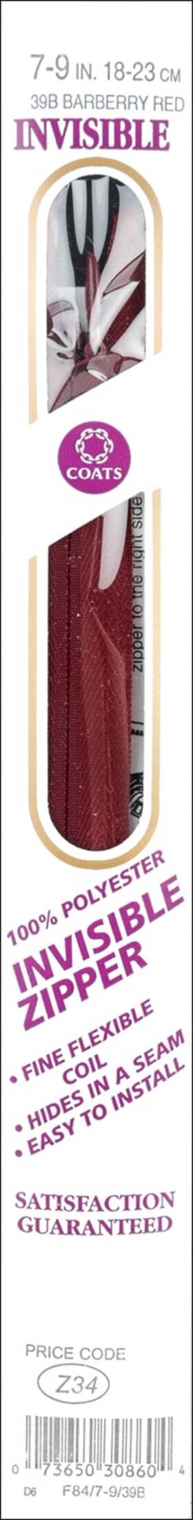 9-39b Coats & Clark Invisible Zipper 7 Inch To 9 -barberry Red - F84