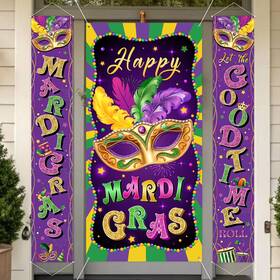 Kmus-3pcs.mardi.gras.banner Cochie Mardi Gras Porch Banner 12 Inch X 72 Door Cover 35 73 Shinny
