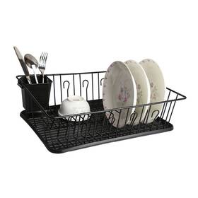 Megachef 043663517263 17.5 Inch Dish Rack Black And Chrome Kitchen Plate Cup Drainer With White