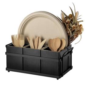 Fo-03 Ptsting Silverware Caddy Black Wood Holder Paper Plate Dispenser U