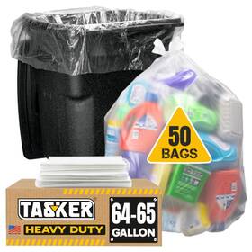 43551-43245 Tasker 65 Gallon Clear Trash Bags Heavy Duty Megapack 50 With Ties 64 Ext