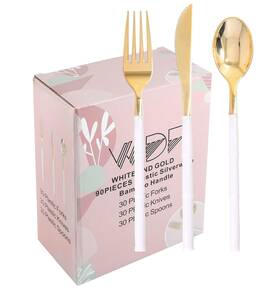 Bl00 Wdf 90pieces Gold Plastic Silverware-gold Cutlery With White Handle-