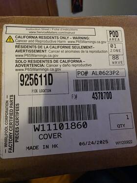 W11101860 Whirlpool Oem Dishwasher Cover