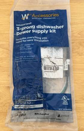 W11546624 Whirlpool 3-prong Dishwasher Power Supply Cord Kit