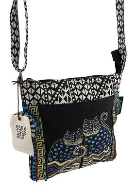 Lb4315 Zeckos Laurel Burch Crossbody Tote With Zipper Top Spotted Cats Black