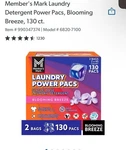 Member's Mark Laundry Detergent Power Pacs, Blooming Breeze Scent (130 Ct.). Fixed Price $30.49.
