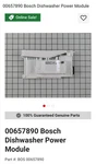 New! Oem Part! 00657890 Bosch Dishwasher Power Module. Fixed Price $330.00.