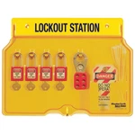 Master 1482BP410 Lockout Station, Filled, Padlocks, Yellow. Fixed Price $50.00.
