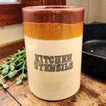Vintage Ceramic Kitchen Utensils Crock Rustic Brown Beige Glaze 7" Tall. Fixed Price $24.00.